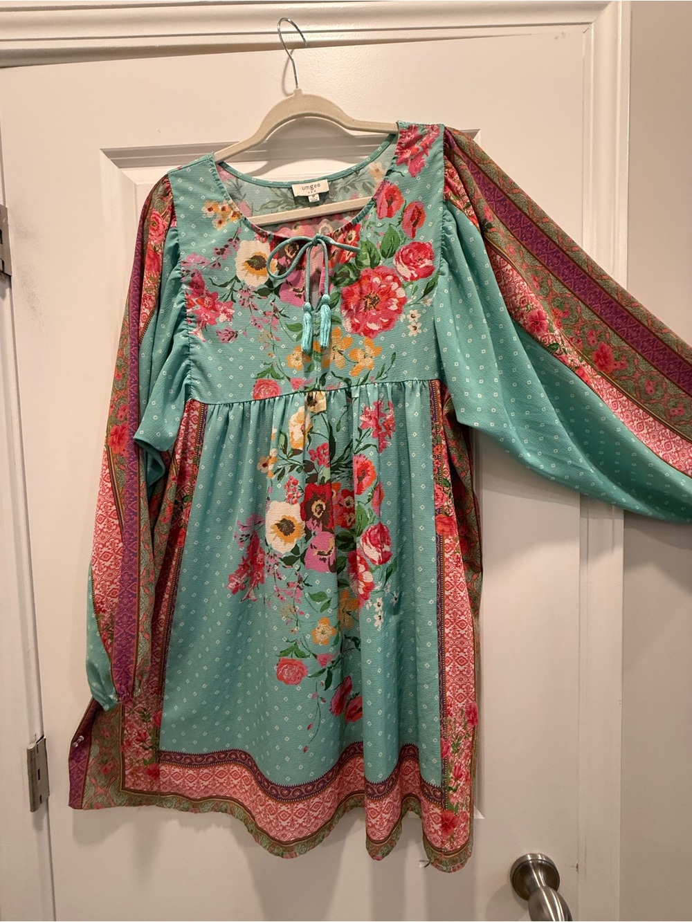 Umgee Aqua Floral Boho Tunic Dress with Pink Accent
